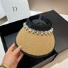 Xiaoxiangfeng Light Luxury Pearl Rhinestone Empty Top Hat Women's Summer Outdoor Travel Light Big Brim Vinyl Sun Hat