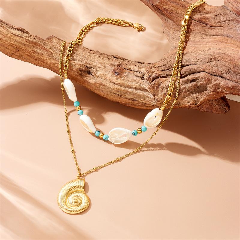 Titanium Steel Double Layer Seashell Necklace Turquoise Beads Pendant Chain Necklace for Women one size