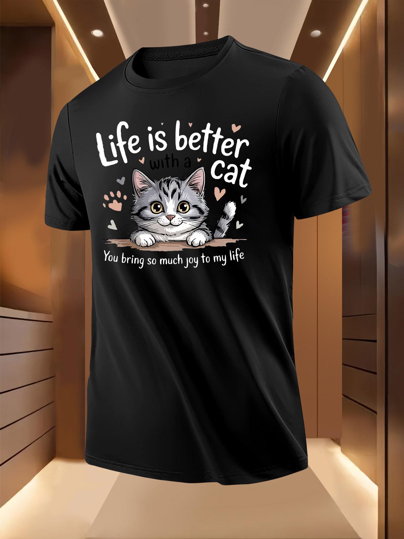 Summer Tshirt with Adorable Cat Print - Life is Better w... M