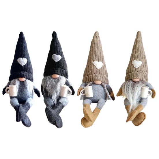 Christmas Plush Doll Knitted Heart Hat Grey Whiskers/Braid Coffee Mug Long-legged Handmade Home Decor Xmas Tabletop Faceless Gnome Stuffed