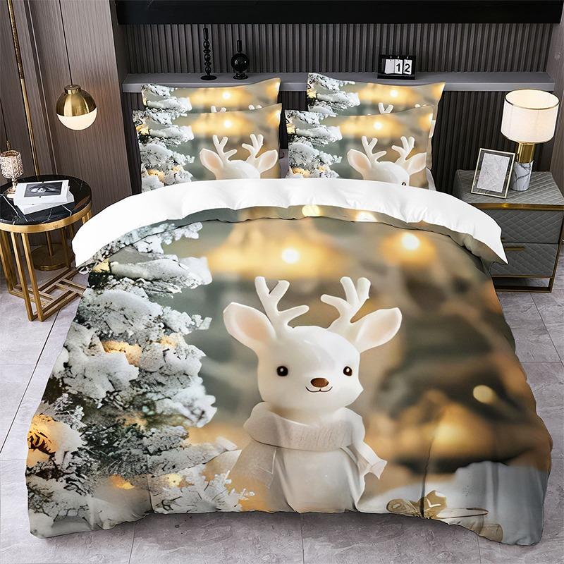 Christmas-themed Printed Duvet Cover and Pillowcase Set Santa Claus Reindeer Sleigh Christmas Tree Snowflakes 2pcs/3pcs Bedding