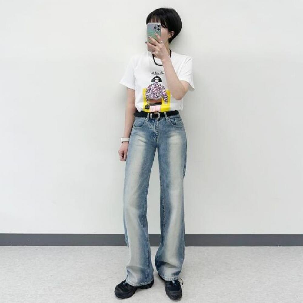 Mizqz No Cut 2  Mid Length Vintage Wash Long Wide Denim Pants Big Size