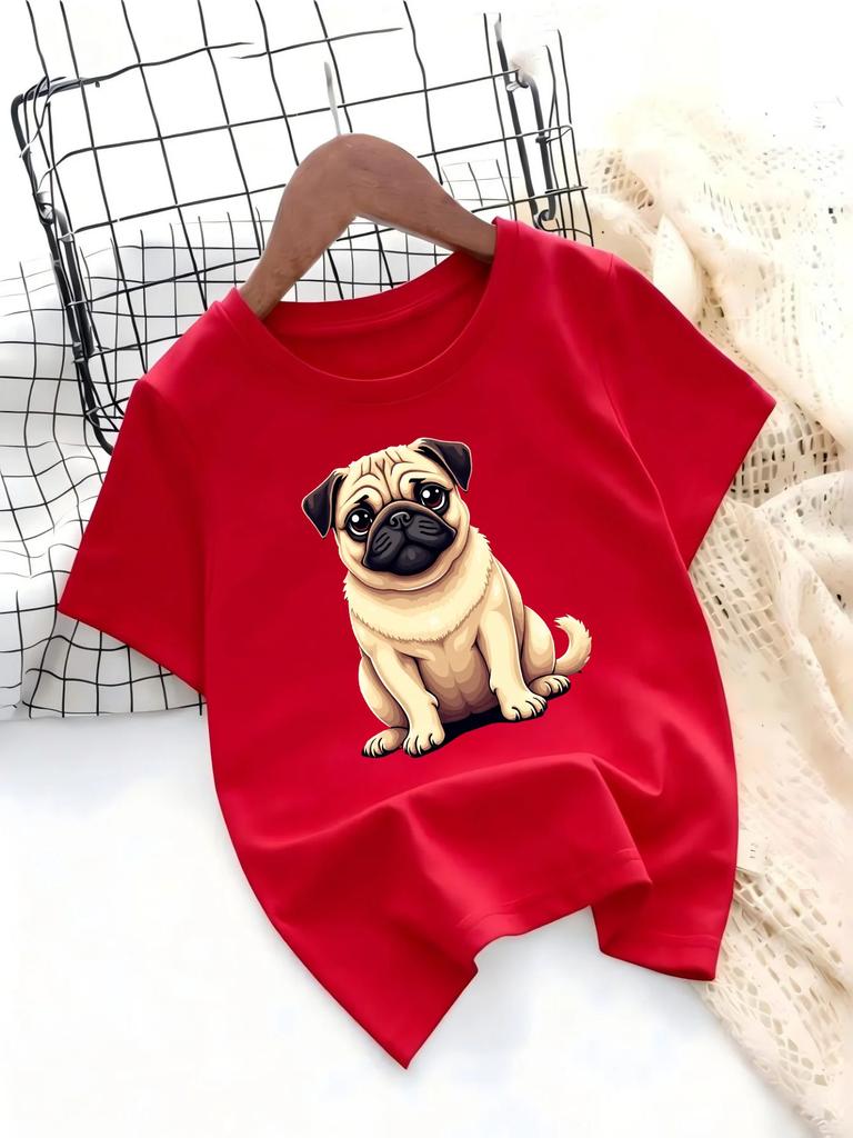 Children Casual T Shirt Adorable Pug Dog Cartoon Pattern Print Soft Breathable Short Sleeve Kids Trendy Summer Daily Outfit Top