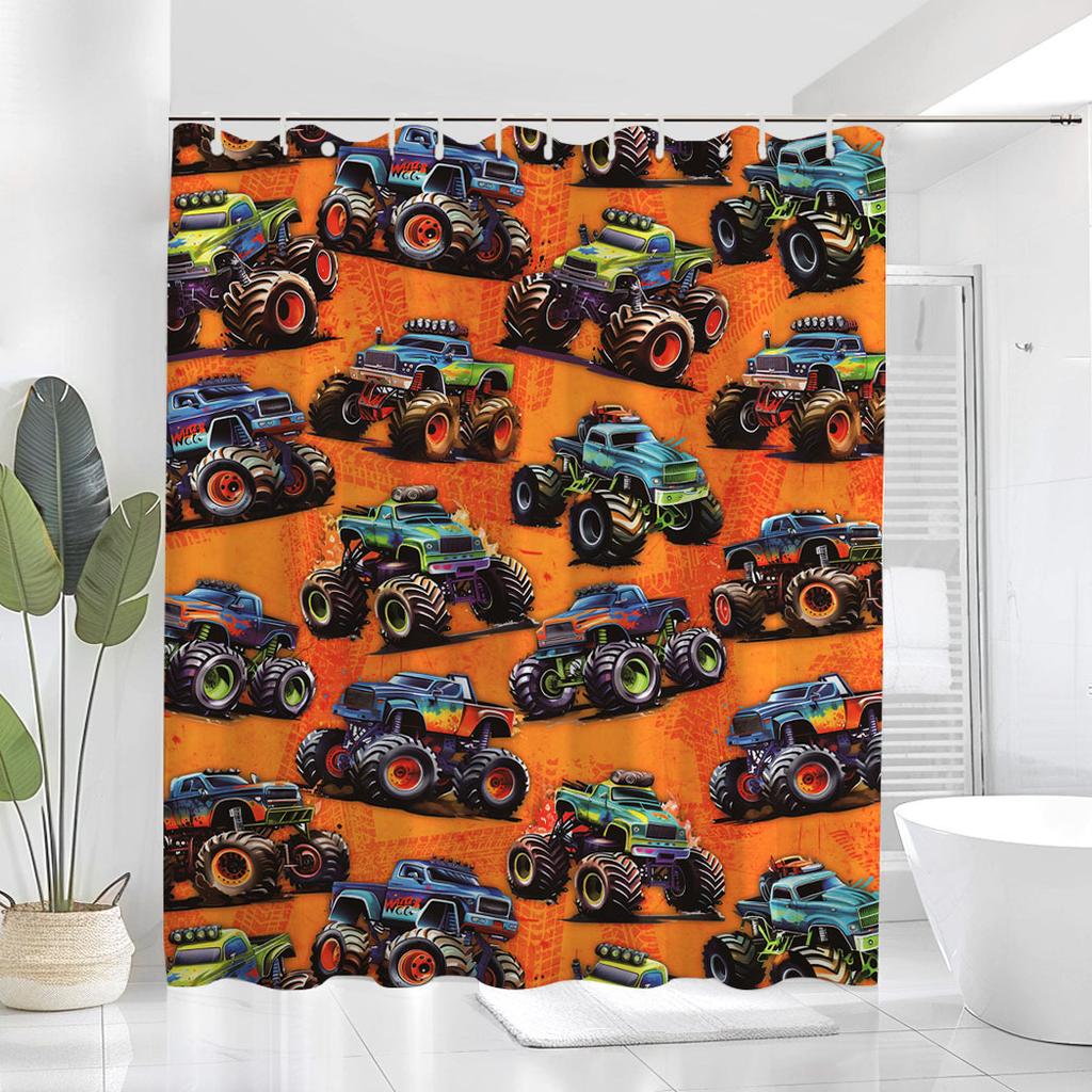 Water-Resistant Monsters on Wheels Bath Drapery - 71x71", Polyester, Machine Washable, Cartoon Trucks & Cars