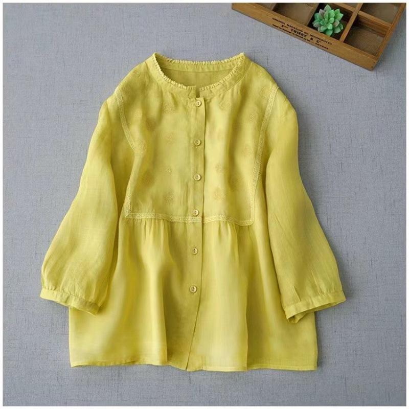 

Linen Embroidered Women s Cardigan with Lace Collar – Summer Ramie Short Sleeve M светло-желтого