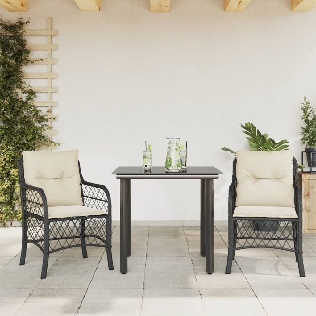 Vidaxl 3-Cz. Bistro Furniture Set with Cushions, Black, Poly Rattan