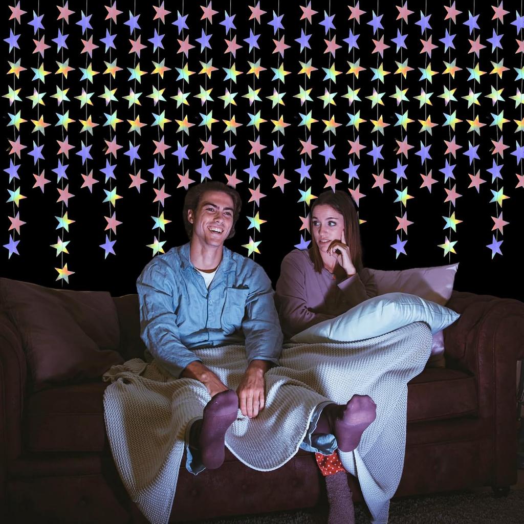 2 Pcs Star Garland Holographic Decor, Hanging Stars Decorations 6.56 Feet Star Streamers for Wedding Birthday Party Graduation Hanging Banner