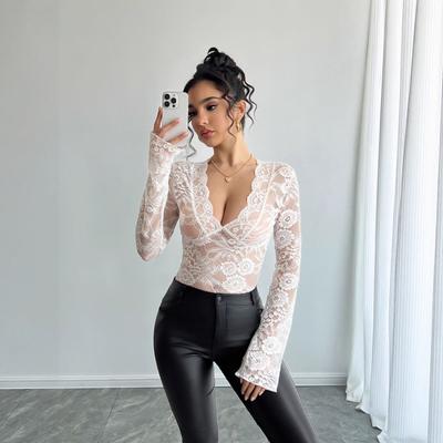 2025 Autumn Winter New Women's Sexy Lace Slim V-neck Long-sleeved T-shirt Top