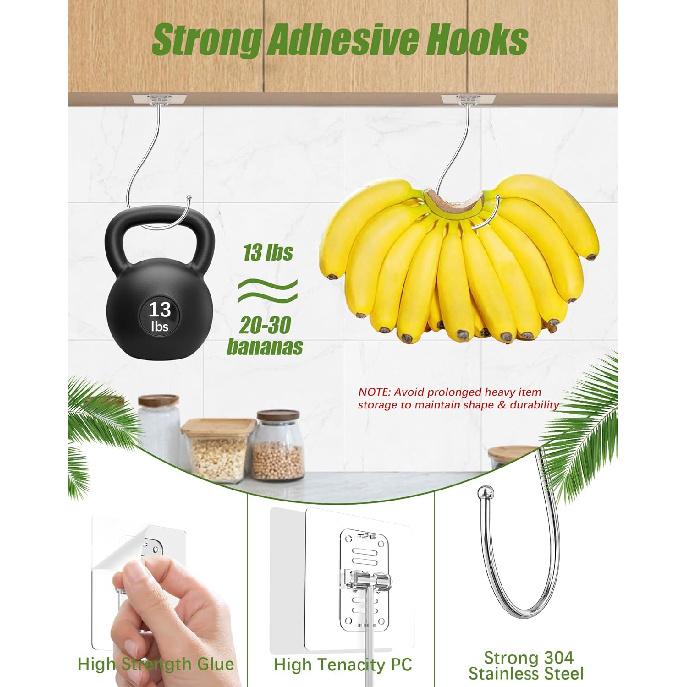 Self Adhesive Banana Hook Under Cabinet Foldable, 2 Pack Heavy Duty Metal Holder(13lb), Clear Banana Hanger Traceless, Keep Bananas Fresh & Kitchen