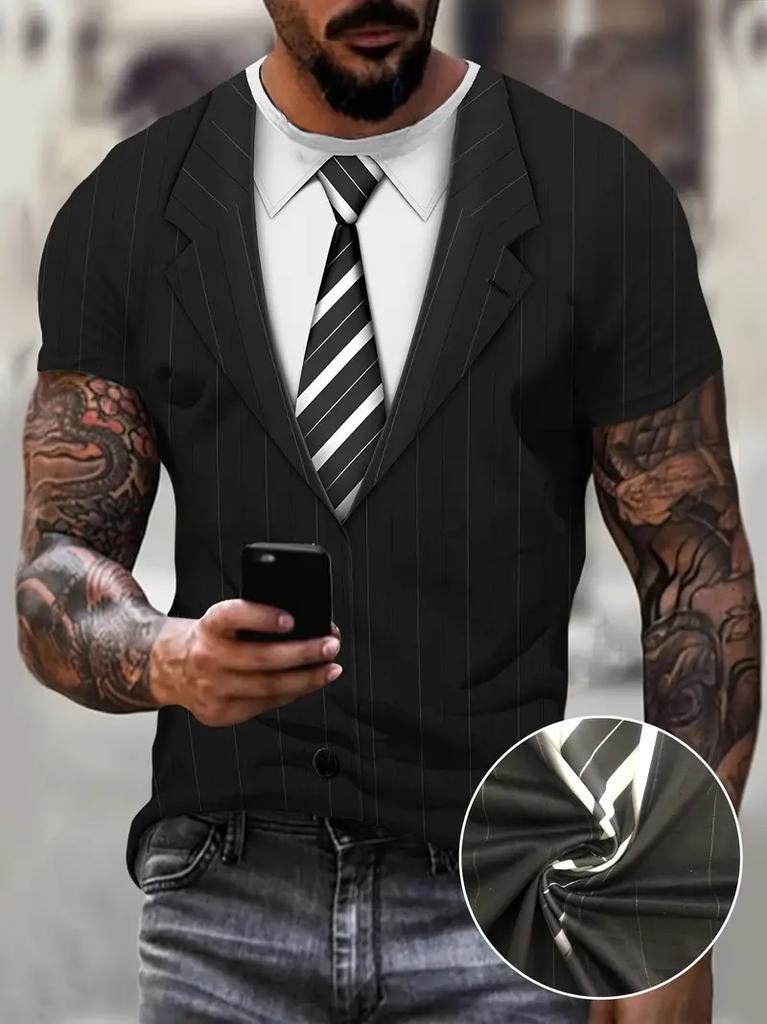 Camiseta de Manga Curta Lisa com Estampa de Terno e Gravata para Roupas Masculinas High Street Streetwear Tops Moda Camisetas Masculinas Estampa 3D