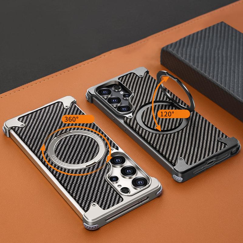 For Samsung Galaxy S25 Ultra Phone Cover Frameless Shockproof Carbon Fiber Aluminum Alloy Wireless Charge Magnetic Bracket Back Case