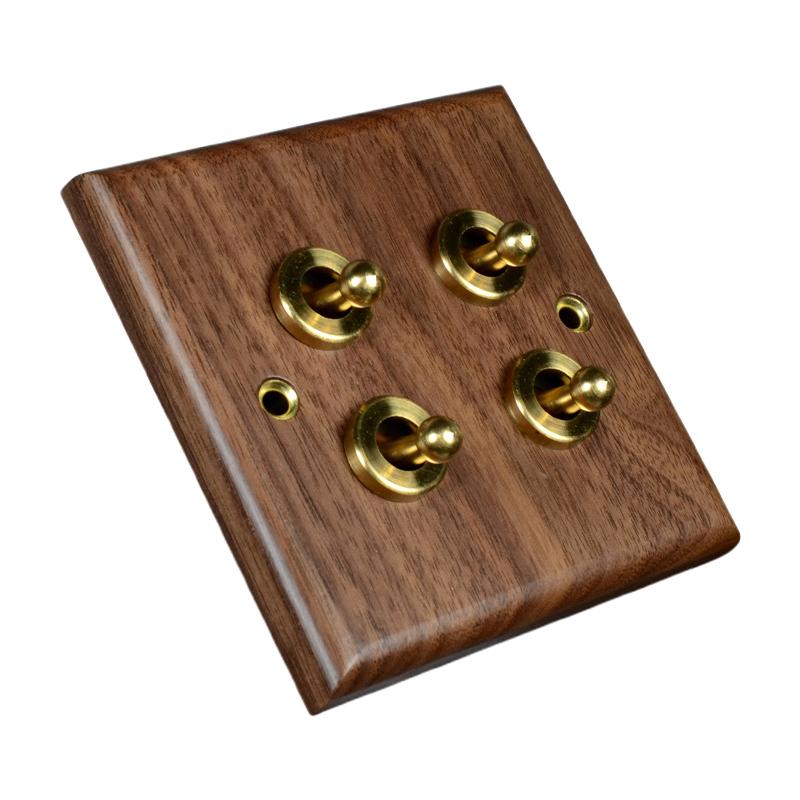 86Mm Wooden Light Switch Panel Black Walnut with Brass Toggle Lever Wall Lamp Switch for Home Lighting Control