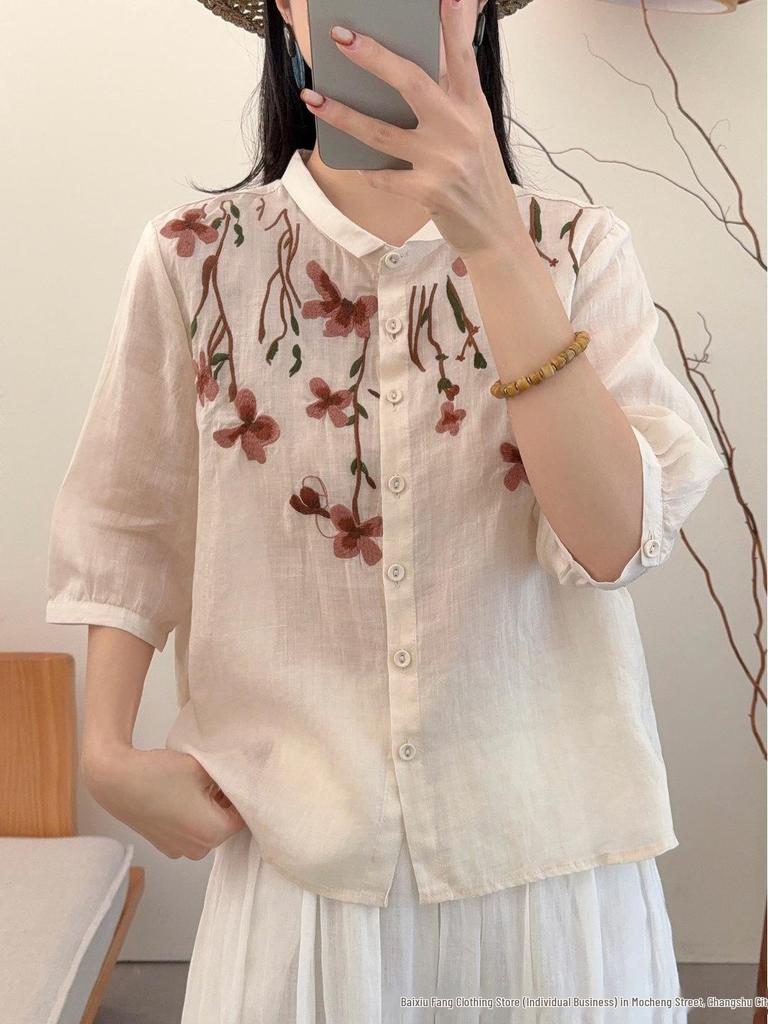 2026 Summer Women's Artistic Embroidered Linen Shirt: Chinese Style, National Flair, Small Lapel, Five-Point Sleeves