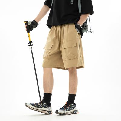 American Style Men's Summer Solid 3D Pocket Workwear Shorts Loose Casual Drawstring Knee-Length Cotton Short Pants