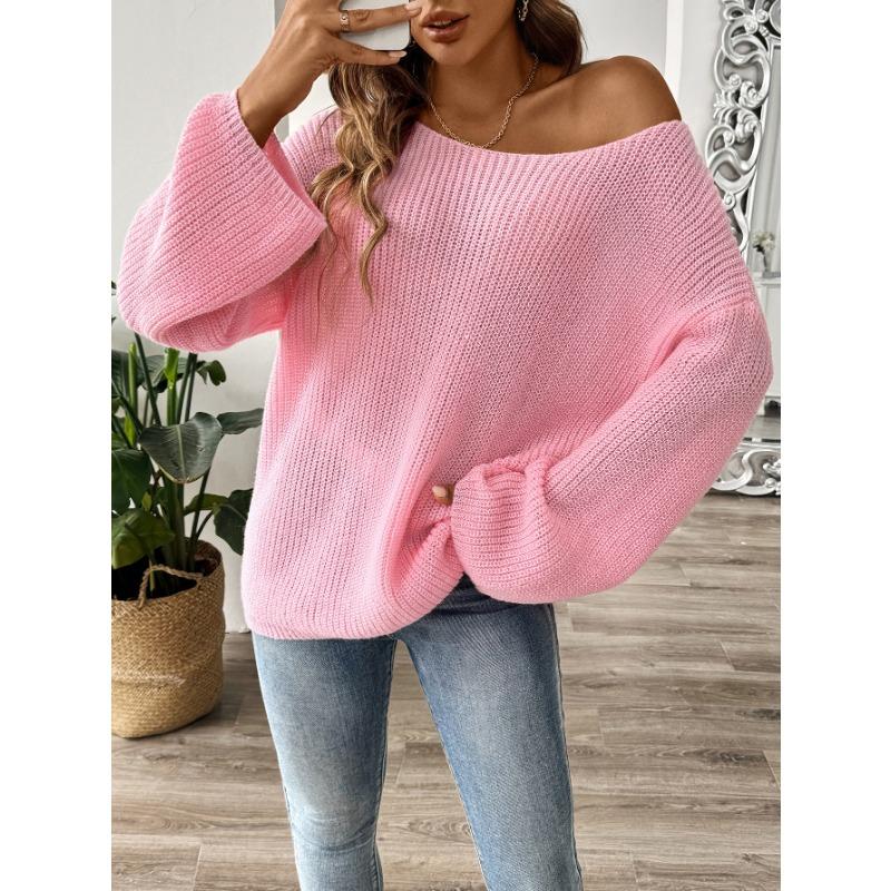 Women Loose Off Shoulder Boat Neck Flare Sleeve Pullover Knit Sweater