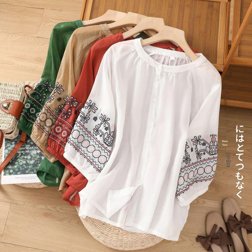 Women's Retro Embroidered Cotton-Linen Lantern Sleeve Shirt (Spring/Summer 2024)