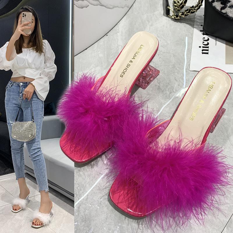 2025 Summer Large Size Foreign Trade Women's Shoes Casual Style Solid Color Square Head Fluffy Upper Wine Glass Root Slippers Women