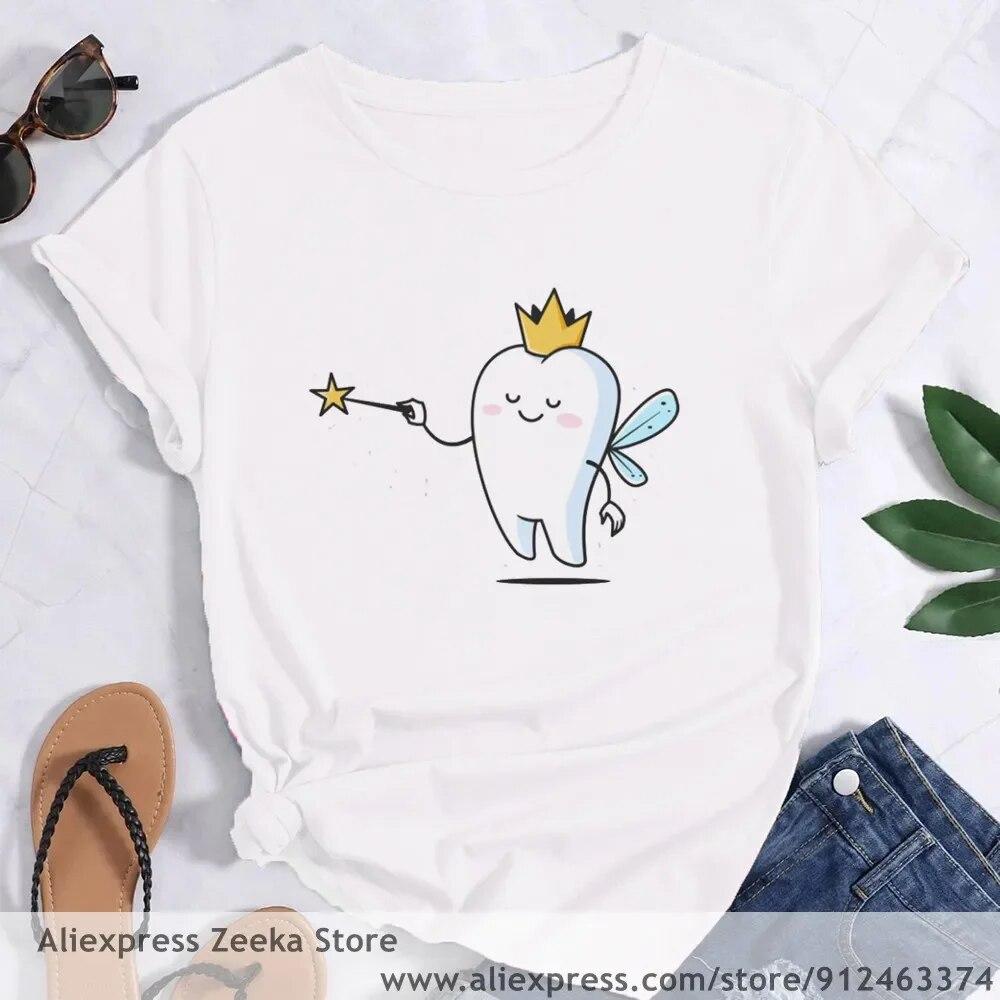 Zahn und Zahnarzt Grafik Ästhetik Frauen Lustige Print Damen T-shirt Mädchen Y2K Harajuku Basis O-kragen Weißes Hemd Kurze