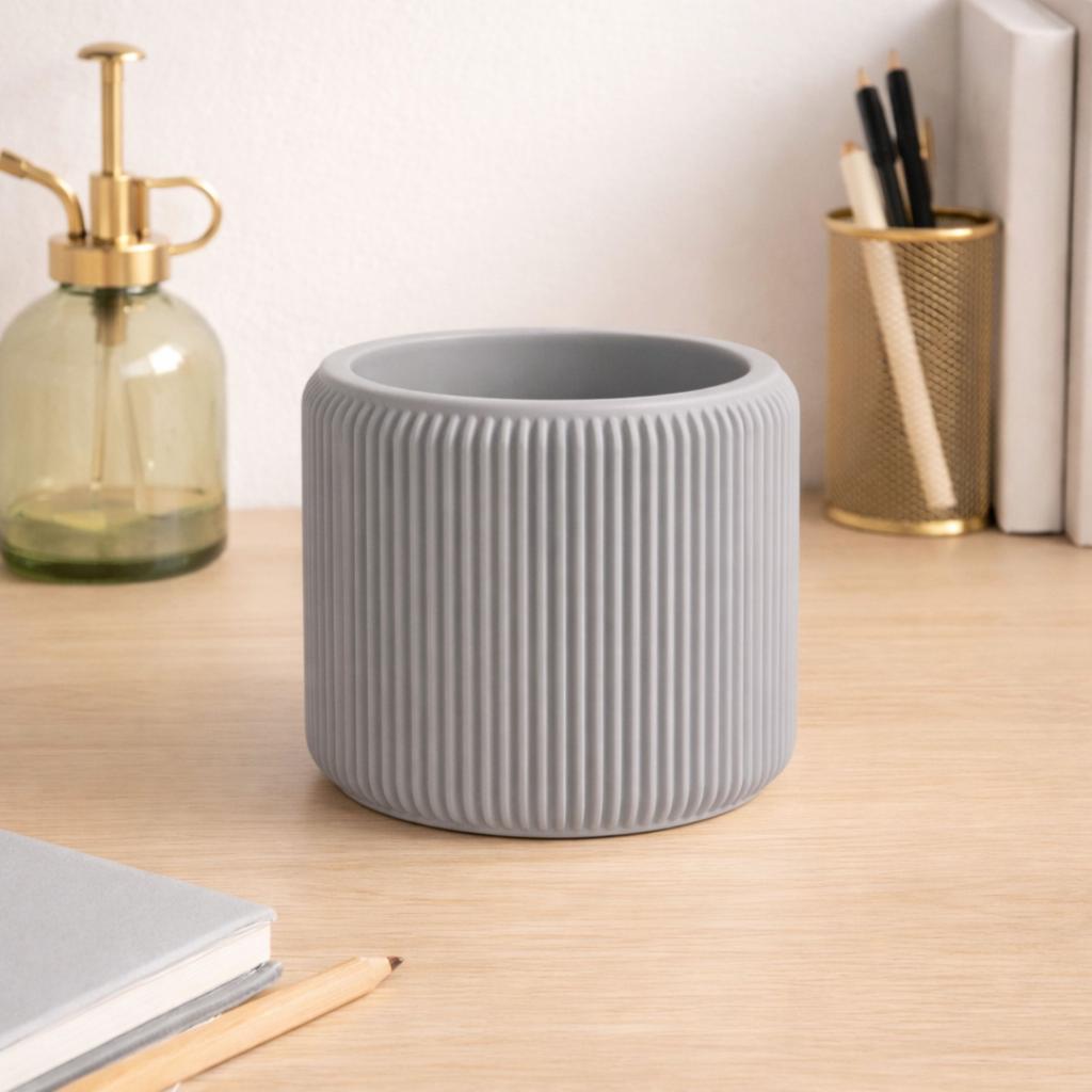 Gray Flowerpot with a Cover and a Hidden Drip Tray, Minimalistic