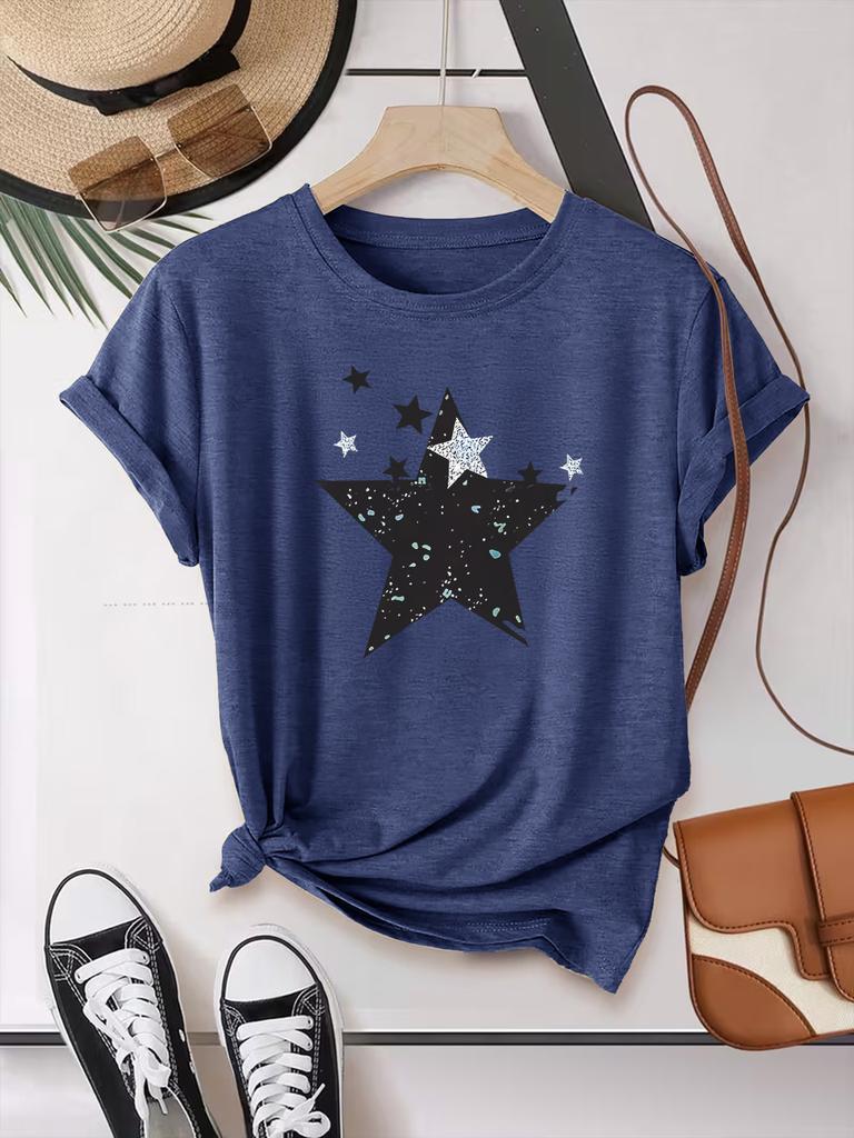 Summer Short-sleeved Star-shaped Printed Fashionable Street All-match Casual Sports Top Round Neck