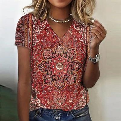 T-shirt da donna Bohemien Etnico Floreale Stampa 3D Vintage Top Y2k Streetwear Harajuku T-shirt Oversize Magliette Scollo a V Abbigliamento Femminile