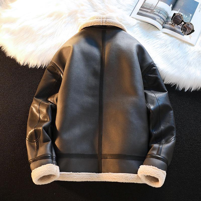 Men's Autumn Winter Thickening Fleece Leather Jacket Velvet Warm Casual Work PU Jacket Cotton Coat