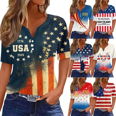 Tricou de damă Imprimeu Ziua Independenței Nasturi Mânecă scurtă Zilnic Weekend Modă De bază Gât în V Obișnuit Top