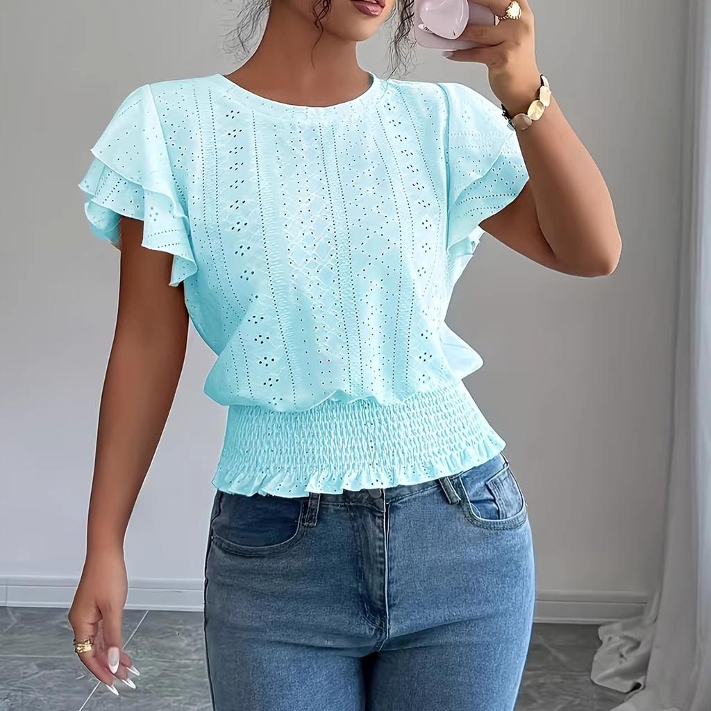 Women's Casual Hollow-out Sleeve Round Neck Short-sleeved T-shirt Top