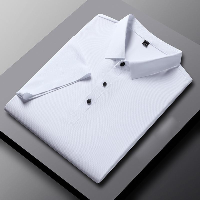 Camisa polo de algodão masculina de verão, camiseta de manga curta respirável, absorve o suor, cor sólida, lapela, top casual de negócios