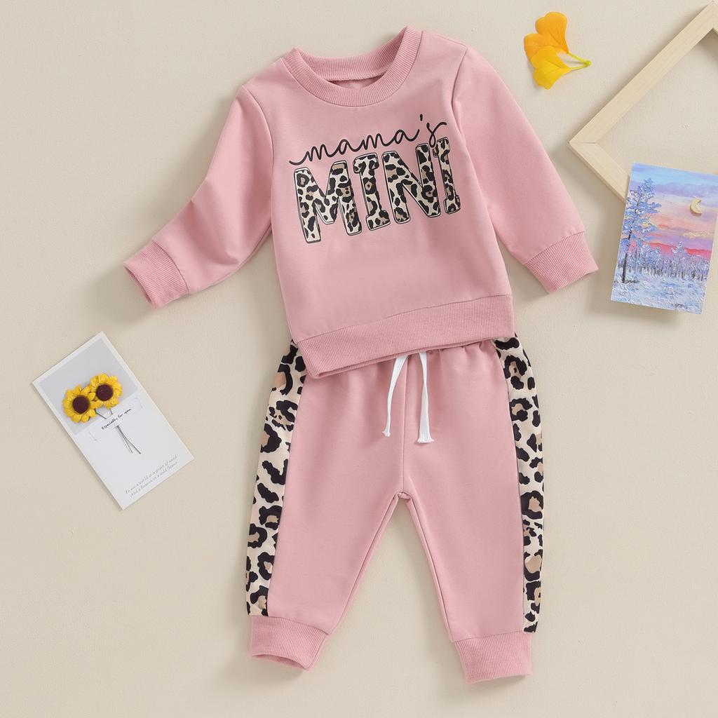 Toddler Girl Fall Clothes Letter & Leopard Print Long Sleeve Pullover Strap Pants 2 Pcs Outfit