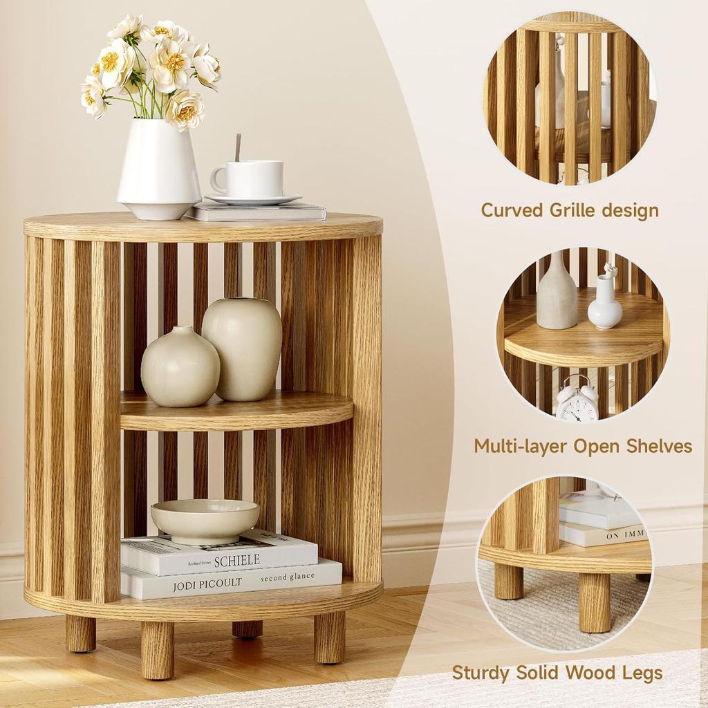 Round End Table, Wood Bedside Table, Mid Century Modern Nightstand with Open Storage Shelf, 3 Tier Small Side Tables for Living Room, Bedroom, Curved