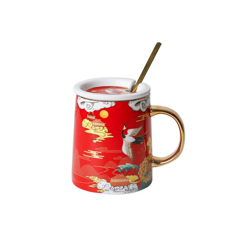 Creative National Tide Style Festive Mug With Spoon And Lid  Personality Ceramic Cup Chinese Style Couple Coffee Water Cup