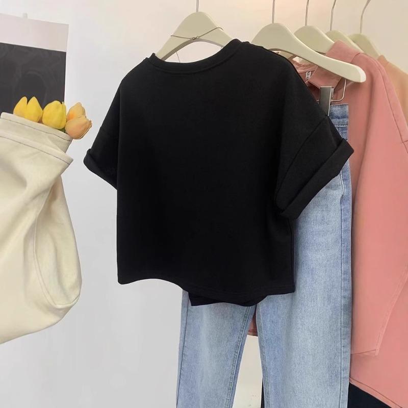 Damen Tasche Kragen Design Sinn Nische Schlitz Klein Kurz Kurzarm T-Shirt Top