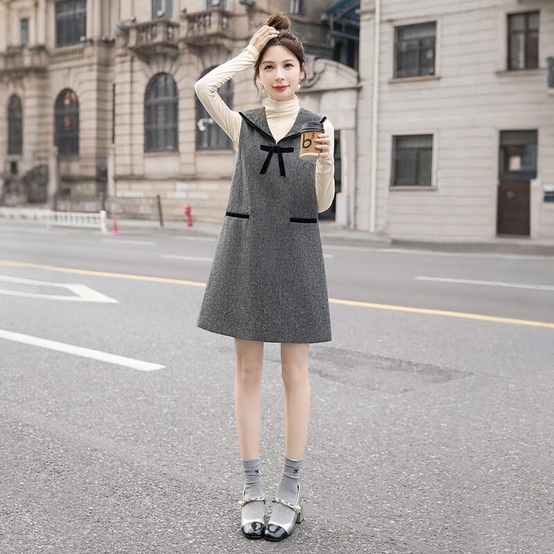 Women's Vintage Naval Collar Wool Blend Bow Vest Dress