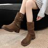 Ruodan Thick Heel Western Cowboy Boots Women's Autumn New Mid-heel Retro Square Head Thick-soled Piled Boots Two Wear Medium Boots