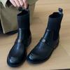 Cowhide Version~ Leather Camellia Elastic Thin Boots Women's Versatile Retro British Thick Heel Short Boots Socks Boots Martin Boots