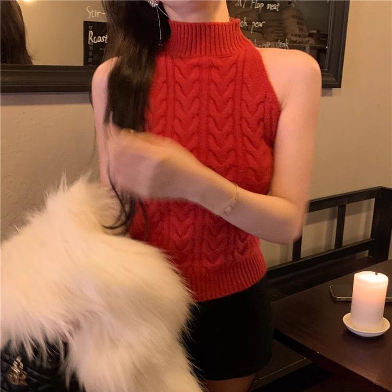 

Винтажный свитер-жилет с высоким воротником и кабельным узором, женский облегающий короткий топ без рукавов для базового слоя S красный