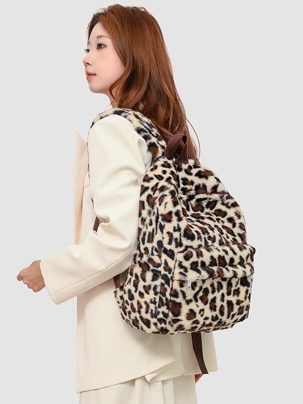 Urban Minimalist Plush Backpack For Women With Fabric And Leopard Print For Casual Travel