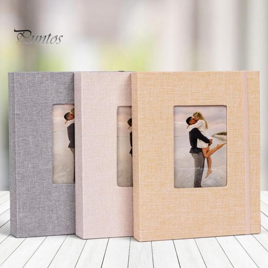 Linen Photo Album Fabric with 208 Pockets Slip-in Picture Albums Cover Memory Family Storage Book Front Window for Anniversary Vacation Wedding