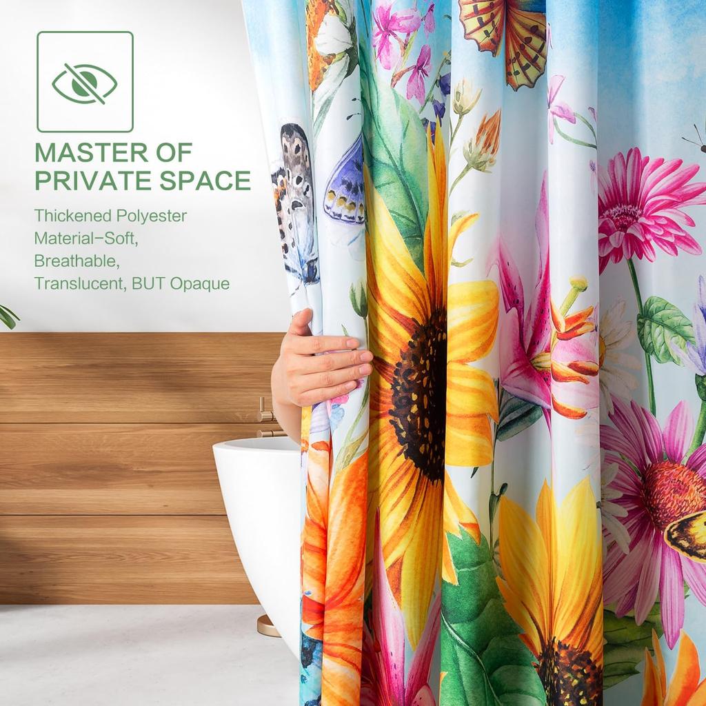 Shower Curtain Sunflowers, Blue Sky Shower Curtain Flower Butterfly Modern Summer Shower Curtain Set Polyester Waterproof Fabric