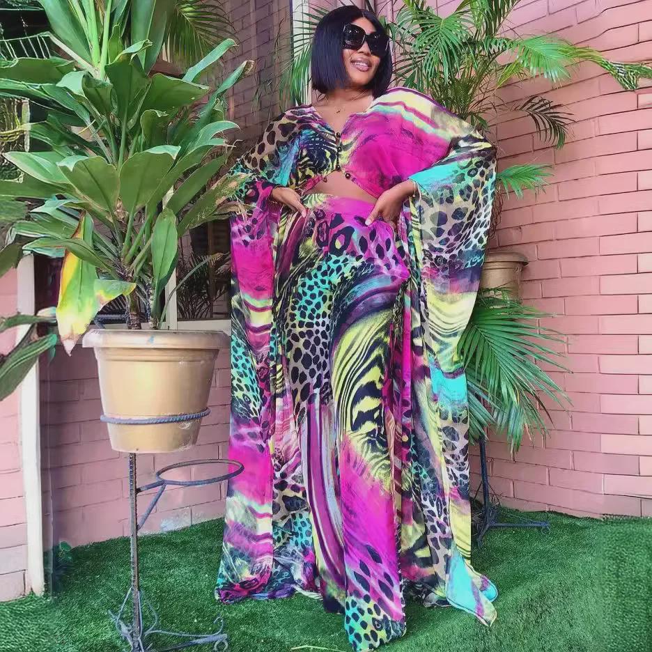 Set burky a volných kalhot z šifonu s digitálním potiskem pro africké ženy