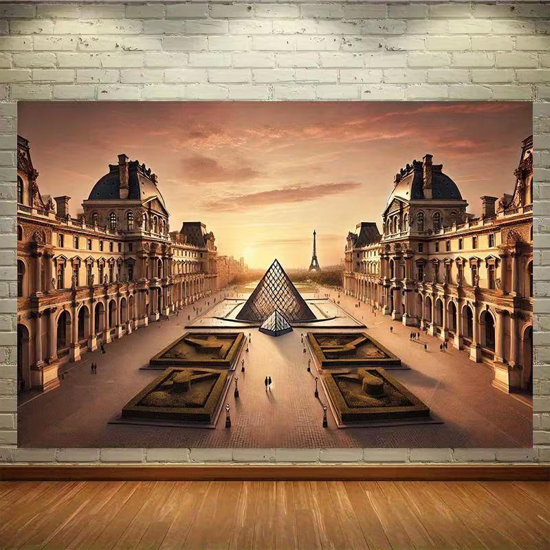 2D Louvre Museum Paris Sunset Background for Vacation & Birthday Photos 47.2x31.5inch/120*80cm