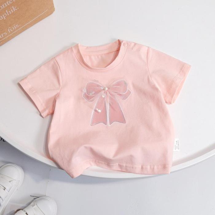 Girls Summer Korean Cotton Short Sleeve T Shirt with Cute Bow Detail