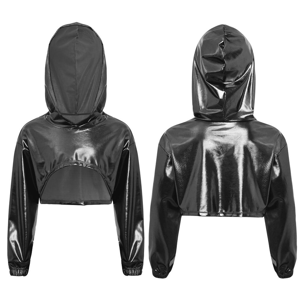 Παιδικό Φούτερ με Κουκούλα Χορευτικό Στυλ Δρόμου για Κορίτσια: Γυαλιστερό Μεταλλικό Κοντό Τοπ με Ασύμμετρο Τελείωμα & Μακριά Μανίκια για Αγώνα