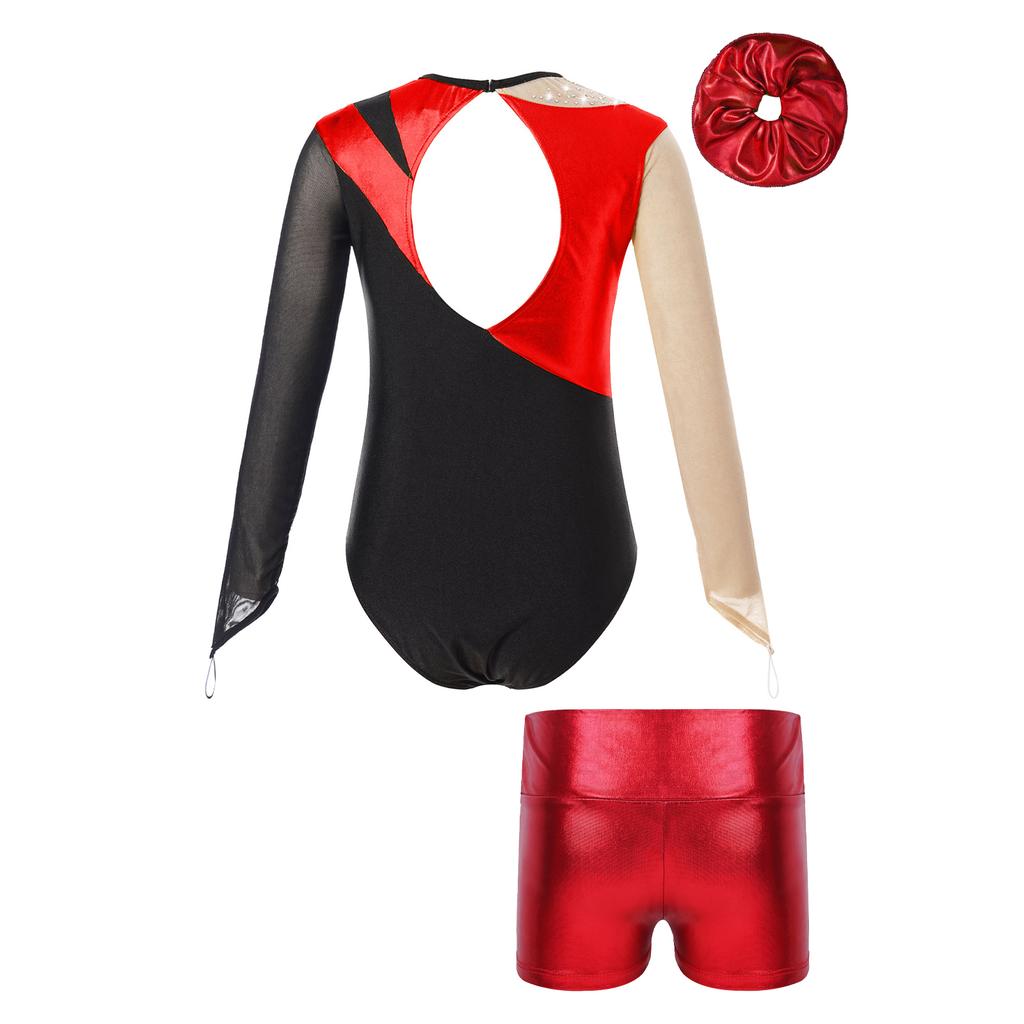 Girls Mesh Long Sleeve Keyhole Back Shiny Leotard Metallic High Waist Dance Shorts Hair Band Gymnastic Performance Outfit