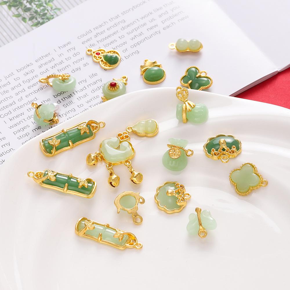 2Pcs Glass Alloy Inlaid Jade Pendant Safety Buckle Cloud Lock Pendant Handmade DIY Bracelet Necklace Antique Clothing Accessories