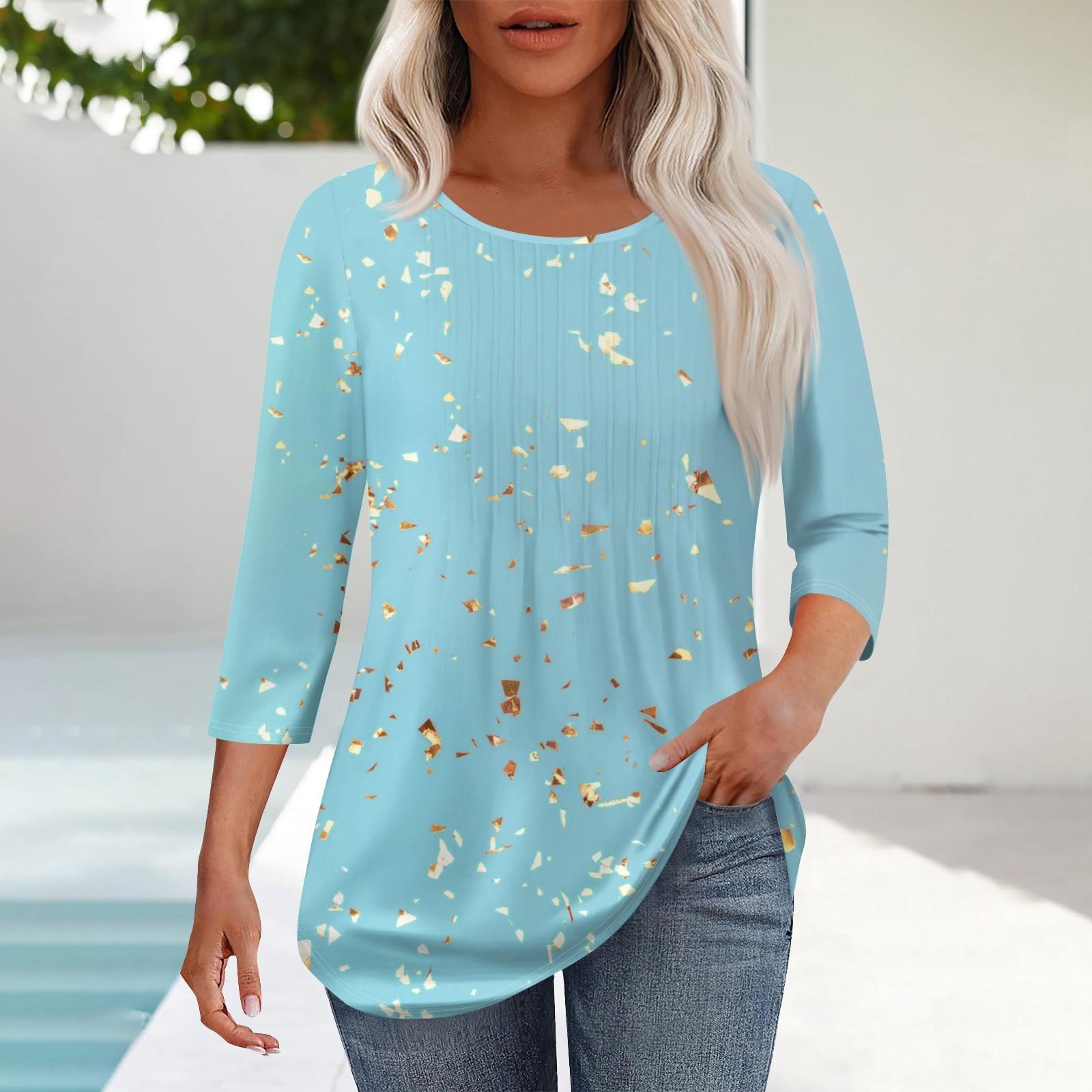 

Женская мода повседневный цветочный принт плиссированный круглый вырез повседневный рукав три четверти весна и лето топ S