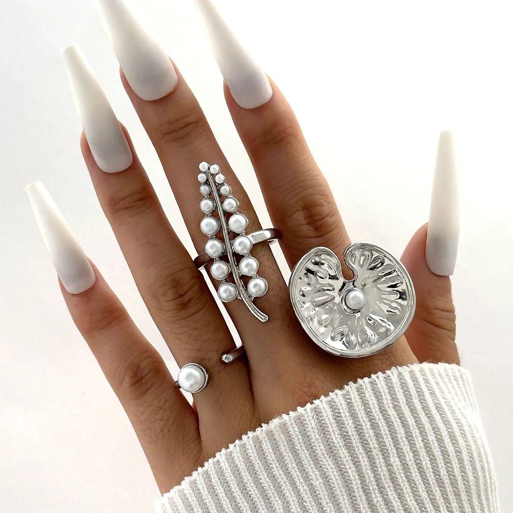 

DIEZI Korean New Imitation Pearl Leaves Cuff Finger Rings For Women Men Punk Vintage Silver Color Knuckle Joint Ring Jewelry серебряный