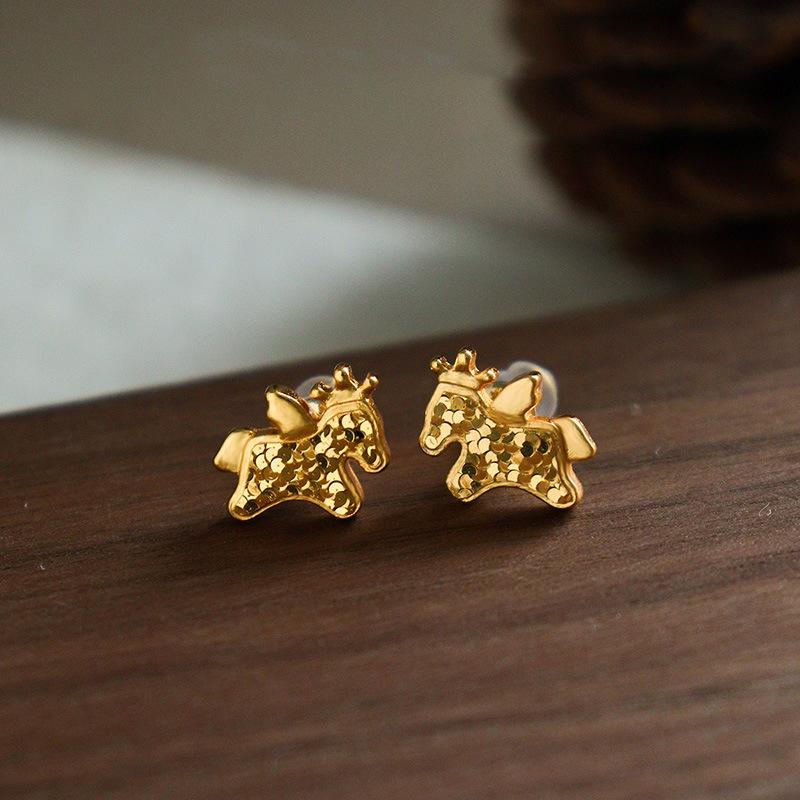 K real gold electroplated silver needle pony stud earrings light luxury high sense new Chinese earrings natal year temperament earrings women