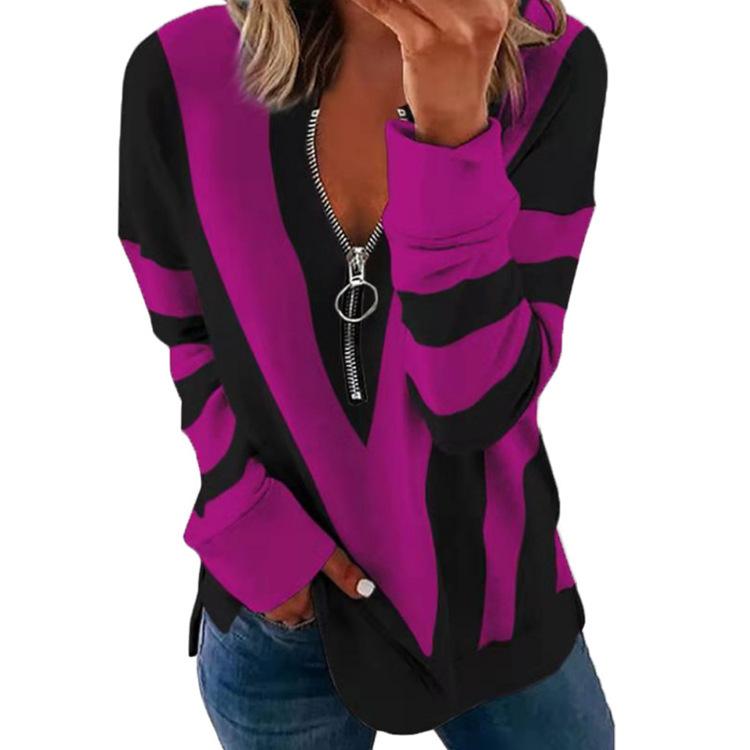 Women's Fashion Casual Colour Block Print Fall Winter Long Sleeve V-Neck Pullovers & Long Sleeves